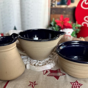 Vintage Mixing Bowl Set Cobalt Blue Great American Stoneware Factory Made in USA Marking with Maple Leaf