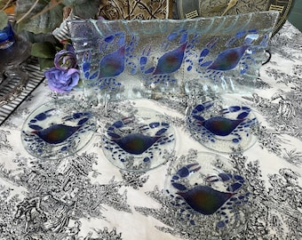 Blue Crab Handmade Fused Glass Crimped Tray Platter and 4 Small Plates Coastal Decor