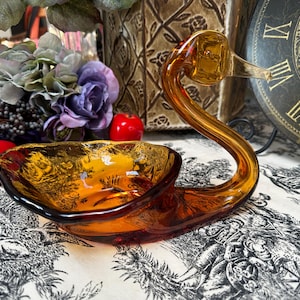 Vintage Swan Candy Dish Viking Amber Art Glass MCM Trinket Dish