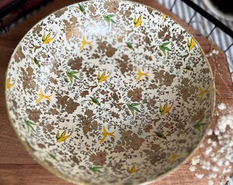 Paper Mache Decorative Bowl Gold Birds and Flower Design Pressed Paper Bowl Dish Alcohol Proof Made in Japan