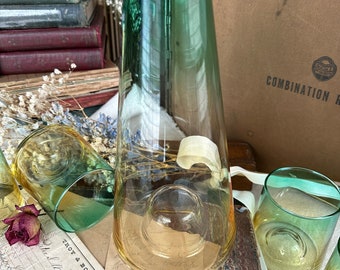 Carafe Ombre Yellow Green With 4 Matching Glasses MCM Style