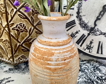 Signed Ribbed Ceramic Vase Beige and Rust Glaze