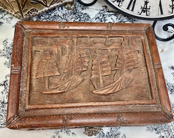 Vintage Carved Wooden Chest Carved with Junk Boats and a Brass Closure