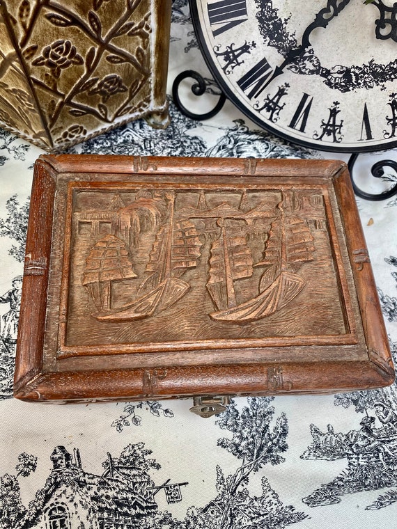 Vintage Carved Wooden Chest Carved with Junk Boats