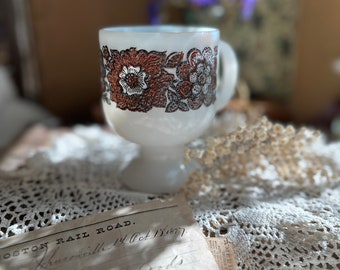 Vintage Retro Coffee Mug Milk Glass Pedestal Red Black Flower Floral Design MCM