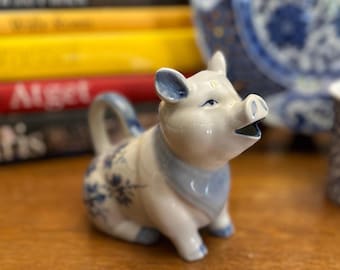 Vintage Ceramic Creamer Pig Shaped with Hand Painted Blue Floral Decoration Novelty Home Decor