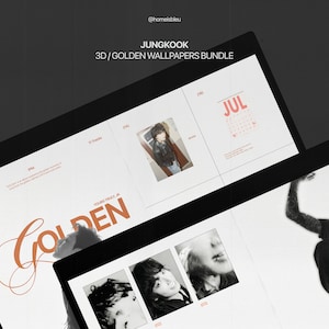 May include: A digital collage of images featuring a young man with a golden text overlay that reads "YOUNG FOREVER JK GOLDEN". The collage includes a calendar with the month of July, a photo of the man in a black leather jacket, and a photo of the man in a black shirt with the text "CK" on it.