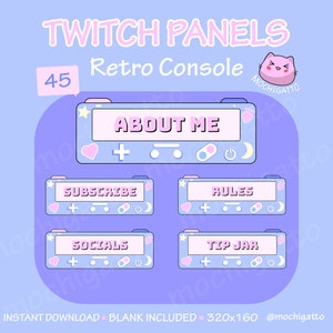 May include: A set of five Twitch panels in a retro console style. The panels are blue with pink accents and feature text such as "About Me", "Subscribe", "Rules", "Socials", and "Tip Jar".