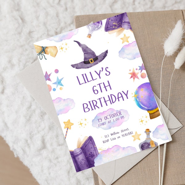 Printed Personalised Wizard Magician Magic themed children’s birthday Party Invitation Invites Printed On 350gsm Silk Card Free Envelopes