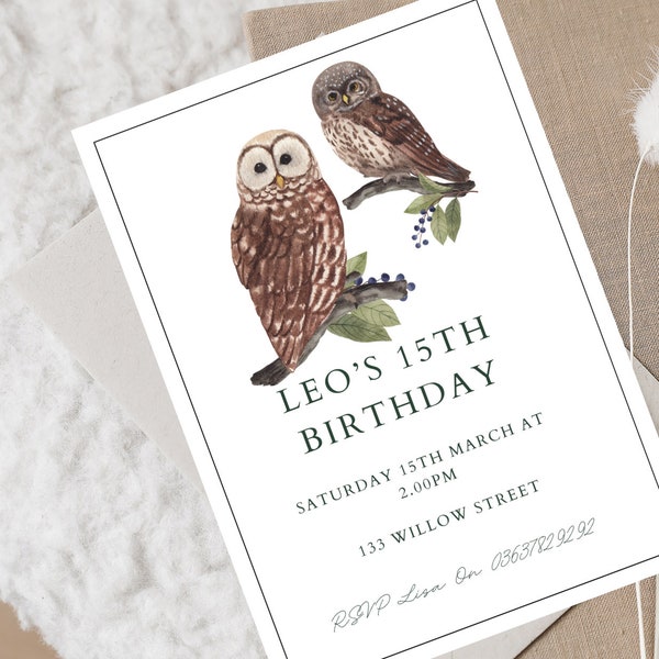 Printed Physical Personalised Invites Simple Owl Nature Boys  Birthday Invitation Gender Neutral Printed On Silk Card Free Envelopes