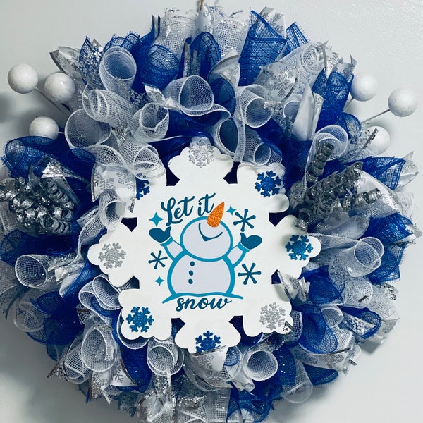 Let it snow wreath, Blue and White wreath, Christmas Wreath, Snowman wreath, Holiday wreath, Snow wreath