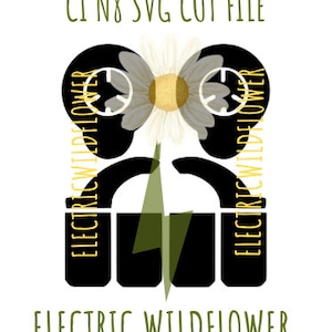 以下が含まれることがあります： 2 人のシルエットが黒と白で描かれており、中央にひまわりがあります。シルエットの下に「ELECTRIC WILDFLOWER」というテキストが書かれています。