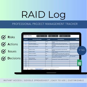 Google-spreadsheetprojectbeheer RAID-logboek | Risicologboek | Actielogboek | Problemenlogboek | Beslissingslogboek | Projectmanagementtracker