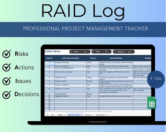 Google Sheet Project Management RAID Log | Risk Log | Actions Log | Issues Log | Decisions Log | Project Management Tracker