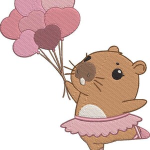 Capybara Ballerina Embroidery Design with Heart-Shaped Balloons, Kawaii Style for Children's Clothing and Decoration, Instant Download