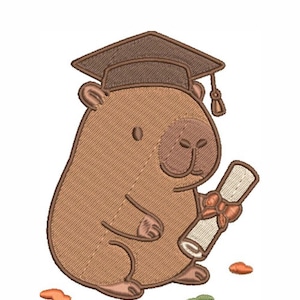 May include: Embroidered image of a capybara wearing a graduation cap and holding a diploma tied with a red ribbon. The capybara is brown with a light brown face and a dark brown graduation cap. There are small orange and green shapes near the capybara.