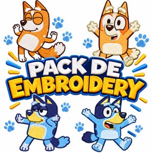 Puede incluir: Un paquete de bordado que presenta cuatro personajes de perros de dibujos animados en tonos naranja y azul, acompañados de huellas azules dispersas y líneas de movimiento amarillas. El texto PACK DE EMBROIDERY aparece en letras grandes, blancas y amarillas.