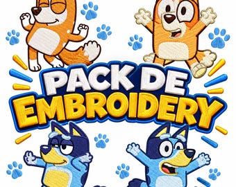 May include: An embroidery design pack featuring four cartoon dog characters in orange and blue color schemes, accompanied by scattered blue paw prints and yellow motion lines. The text PACK DE EMBROIDERY is displayed in large, bold, white and yellow letters.