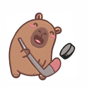 Kawaii-Capybara beim Hockey-Spielen – Stickmuster, lustiges, sportliches Tier, ideal für Kleidung und Accessoires