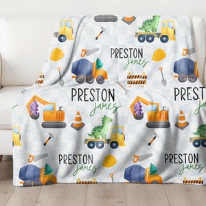 Child's Personalized Construction Dinosaur  Blanket, Custom Kids Name Blanket, Construction Kids Name Sherpa Blanket,Child's Birthday Gift