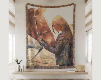 Custom Horse Portrait Watercolor Woven Throw, Personalized Equestrian Keepsake Blanket Gift, Horse Blanket For Girls, Cotton Accent Throw
