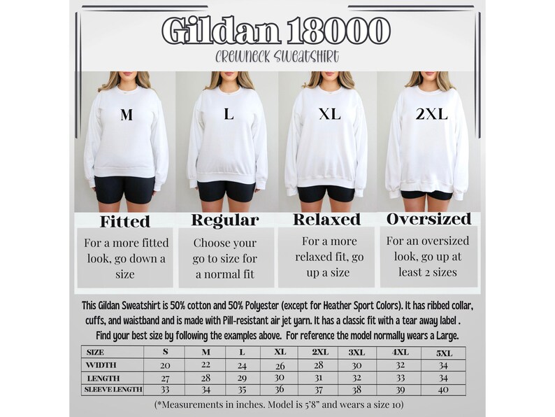 K&ouml;nnte beinhalten: Wei&szlig;es Gildan 18000 Crewneck-Sweatshirt, gezeigt in den Gr&ouml;&szlig;en M, L, XL und 2XL. Das Bild enth&auml;lt eine Gr&ouml;&szlig;entabelle mit Ma&szlig;en in Zoll und Beschreibungen f&uuml;r figurbetont, normal, locker und &uuml;bergro&szlig;.