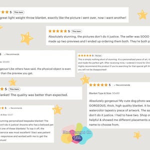 May include: Image featuring customer reviews for a blanket product. Reviews include star ratings and comments about the blanket's quality, appearance, and customer service. The reviews are displayed on a light background with star graphics.