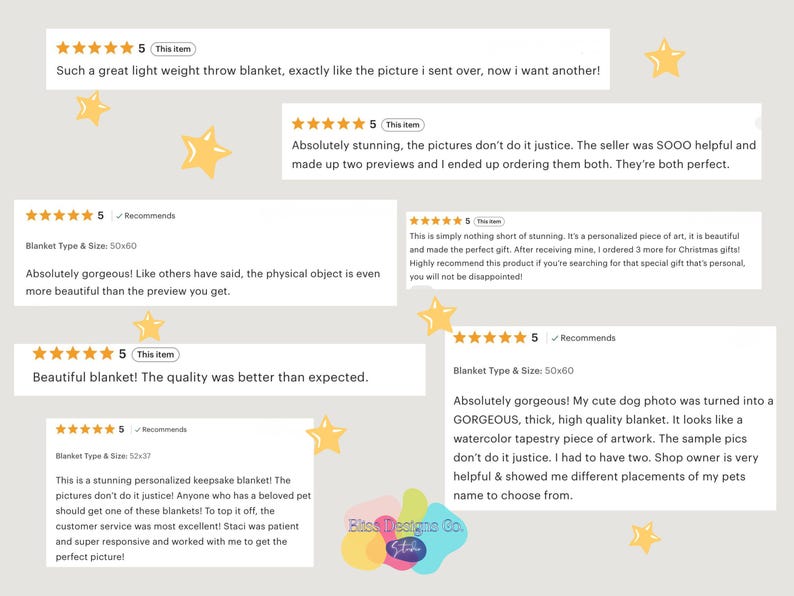 May include: Image featuring customer reviews for a blanket product. Reviews include star ratings and comments about the blanket's quality, appearance, and customer service. The reviews are displayed on a light background with star graphics.