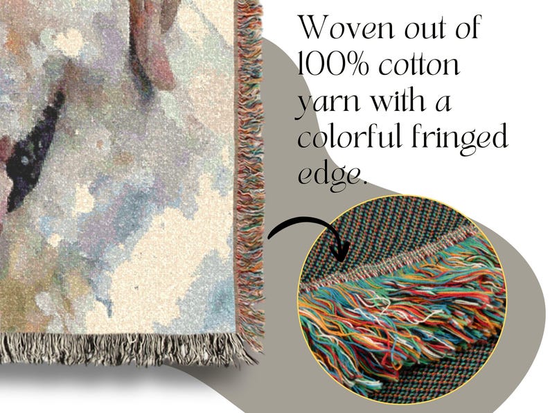 May include: Close-up of a woven cotton throw blanket with a colorful fringed edge. The blanket features a watercolor-style design with pastel colors. The text reads: "Woven out of 100% cotton yarn with a colorful fringed edge."