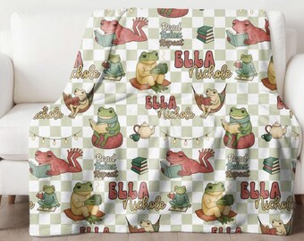 Personalized Bookish Frogs Blanket, Book-Lover Gifts, Name Blanket,Custom Reading Frog Blanket, Sherpa Fleece