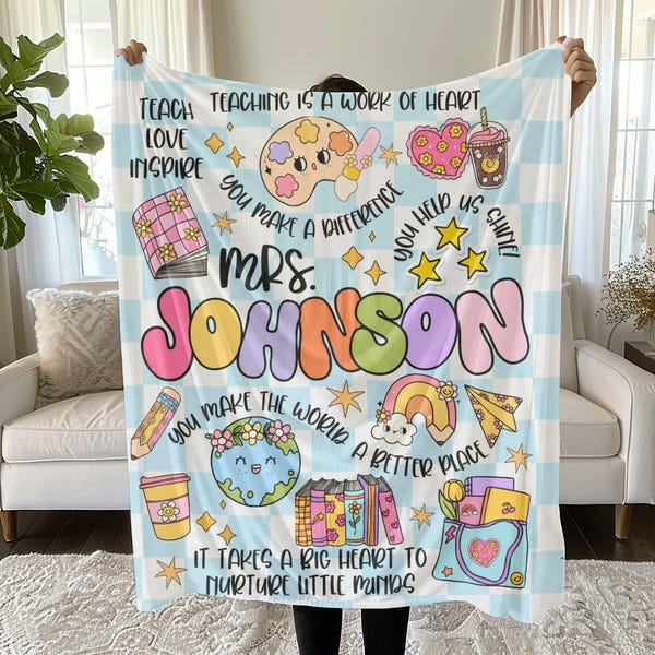 Personalized Teacher Blanket, Retro Groovy Checkerboard Sherpa Blanket, Teacher Appreciation Gift  Blanket,Custom Christmas Gift For Teacher