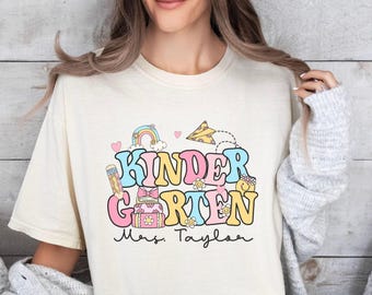 Custom Teacher Name Kindergarten Team Shirt, Custom Kindergarten Teacher Comfort Colors® Back to School Shirt, Personalized Retro Groovy