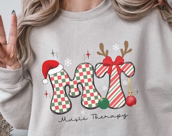 Cute Music Therapy Sweatshirt for Musical Therapist, Retro Groovy Christmas M.T.Sweater, Music Therapist Christmas Shirt, Gift for MT