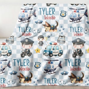Child&#39;s Personalized Police Blanket, Police Car Custom Blanket, Soft Kids Name Blanket, Birthday Gift, Sherpa Blanket for Kids, Police Decor