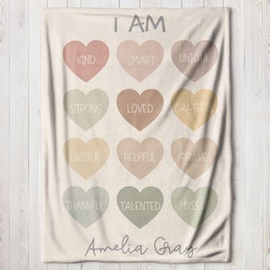 May include: A beige blanket with the words "I AM" at the top. Below are heart shapes in various colors, each with a positive word like "KIND" and "STRONG." The name "Amelia Gray" is written at the bottom.