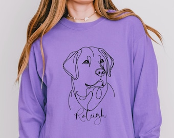 Custom Labrador Shirt, Long Sleeve Comfort Colors Personalized Lab Mom Shirt, Line Art T-Shirt for Dog Mom, Minimalist Dog Lover