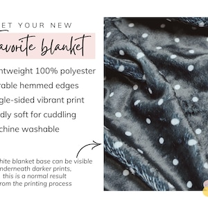May include: A soft, gray and white polka dot blanket made of 100% polyester. The blanket is machine washable and has durable hemmed edges.  *Note: white blanket base can be visible underneath darker prints, this is a normal result from the printing process.