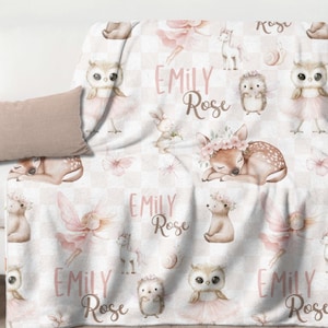 Child&#39;s Personalized Woodland Fairies Blanket, Custom Girl Name Blanket, Fairy Baby Girl Blanket,Pink Fairy Decor, Child&#39;s Birthday Gift