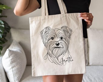 Personalized Yorkshire Terrier Eco-Friendly Canvas Tote, Minimalist Line Art Dog Tote for Yorkie Lover Gift, Shopping Bag for Yorkie Mom