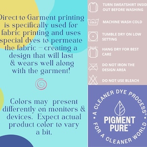 Op de afbeelding: Direct-to-garment printen wordt specifiek gebruikt voor textielprinten en gebruikt speciale kleurstoffen om de stof te doordringen - waardoor een ontwerp ontstaat dat lang meegaat en goed meegaat met het kledingstuk! Kleuren kunnen anders worden weergegeven op monitoren en apparaten. Verwacht dat de werkelijke productkleur enigszins kan vari&euml;ren. Een schoner verfproces voor een schonere wereld. Pigment Pure.