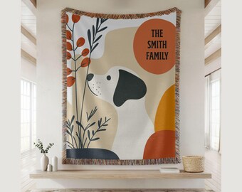 Custom Family Name Woven Throw Blanket, Mid Century Modern Abstract Dog Tapestry  Home Decor