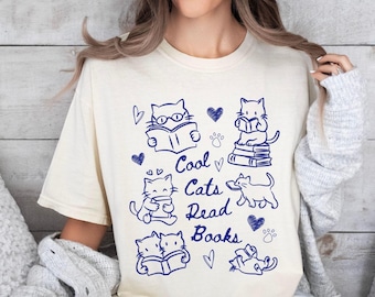 Cat Reading Teacher Comfort Colors® Shirt, Teacher Book Lover Tee, Cute Cat Teacher Gift, School Librarian Shirt, Back to School Teacher Tee