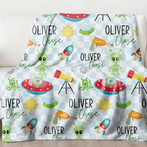 Child's Personalized Alien Space Name Blanket,Alien Custom Blanket,Soft Kids Name Sherpa Blanket,Child's Birthday Gift,Name Blanket for Kids