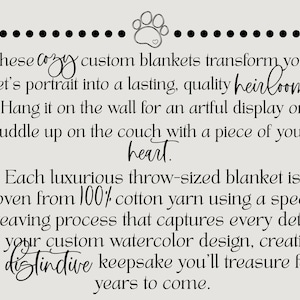 May include: Text on a light beige background describes custom blankets that transform pet portraits into heirlooms. The text mentions hanging the blanket on a wall or cuddling with it. The blankets are woven from 100% cotton yarn.