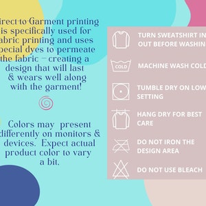 Op de afbeelding: Een afbeelding met instructies voor het verzorgen van een kledingstuk dat met direct-to-garment printing is bedrukt. De instructies omvatten het binnenstebuiten keren van het kledingstuk voor het wassen, wassen in de machine op koud, drogen in de droger op lage temperatuur, hangend drogen voor de beste verzorging, niet strijken over het ontwerpgebied en geen bleekmiddel gebruiken.