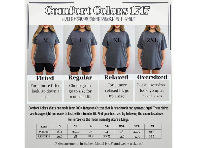 Op de afbeelding: Maattabel voor Comfort Colors 1717 zware ringgesponnen T-shirts voor volwassenen. De tabel toont de breedte- en lengtemaat in inches voor maten S tot en met 4XL. Het model is 1,73 m lang en draagt maat 10.