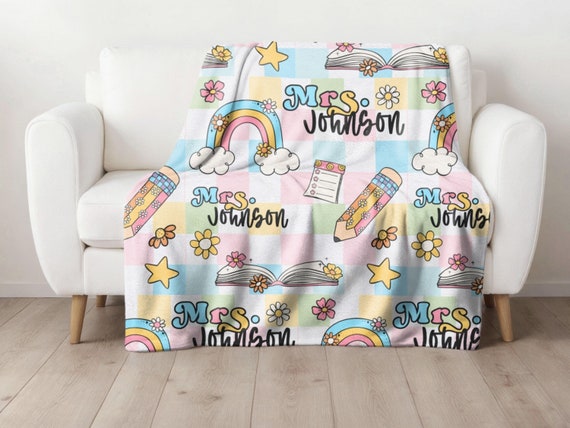 Personalized Teacher Blanket, Retro Groovy Checkerboard Sherpa Blanket, Teacher Appreciation Gift Blanket,Custom Christmas Gift For Teacher