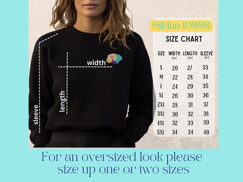 Op de afbeelding: Maattabel voor Gildan 18000 sweatshirts, met de breedte, lengte en mouwlengte in inches voor maten S tot en met 5XL.  Voor een oversized look, neem een of twee maten groter.
