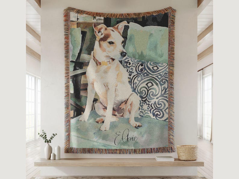 Custom Watercolor Pet Woven Throw Blanket, Personalized Cotton Accent Throw, Wall Tapestry Blanket, Dog Photo Blanket, Pet Memorial Gift image 5