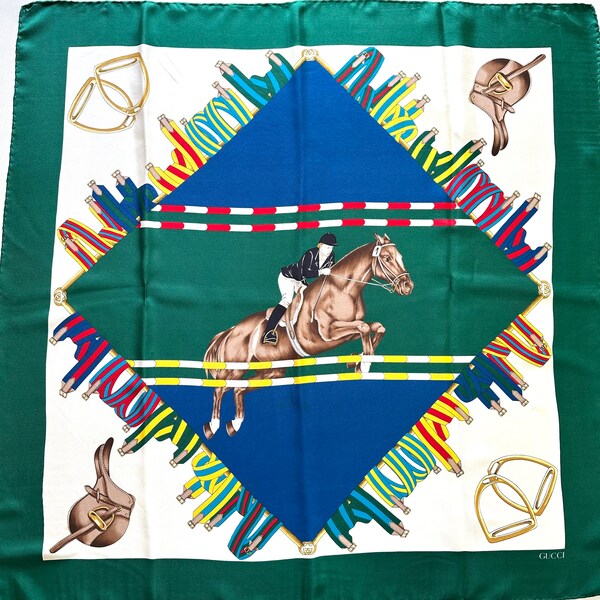 Gucci Green Horse Equestrian Vintage Silk Scarf 34" Square